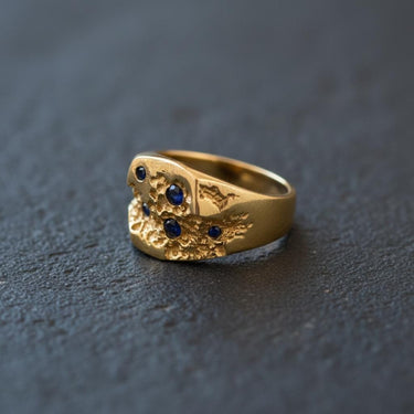 Handcrafted Sapphire Signet Ring, side angle view of the 14K gold vermeil version showing the cratered band detail.