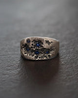 Men's Sapphire Crater Ring in oxidized 925 sterling silver showing the deep, textured surface and blue sapphires.