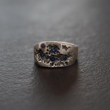Men's Sapphire Crater Ring in oxidized 925 sterling silver showing the deep, textured surface and blue sapphires.