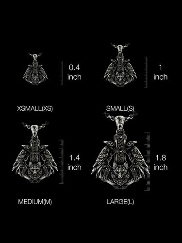 Size comparison chart showing Viking raven pendant in four different sizes from 0.4 to 1.8 inches for scale reference