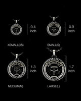 Size comparison chart of silver Aquarius pendants ranging from 0.4 to 1.7 inches with measurement rulers