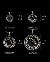Size comparison chart for the 925 sterling silver Capricorn skull pendant, showing XS, S, M, and L options for men.
