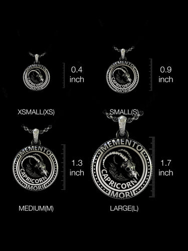 Size comparison chart for the 925 sterling silver Capricorn skull pendant, showing XS, S, M, and L options for men.