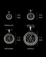 Four different sizes of silver Scorpio zodiac pendants showing XS, S, M, L options with measurement references