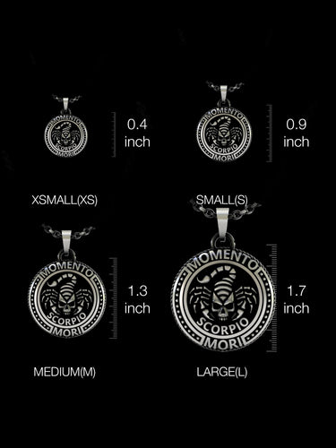 Four different sizes of silver Scorpio zodiac pendants showing XS, S, M, L options with measurement references