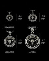 Size comparison chart for the Silver Taurus Pendant, showing the XSmall, Small, Medium, and Large options with their respective measurements.