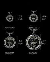 Four size options of handcrafted Virgo pendant showing detailed measurements from 0.4 to 1.7 inches