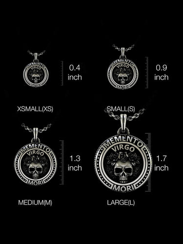 Four size options of handcrafted Virgo pendant showing detailed measurements from 0.4 to 1.7 inches