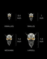 Size comparison chart for the silver skull pendant, showing XSmall, Small, Medium, and Large options with inch measurements.