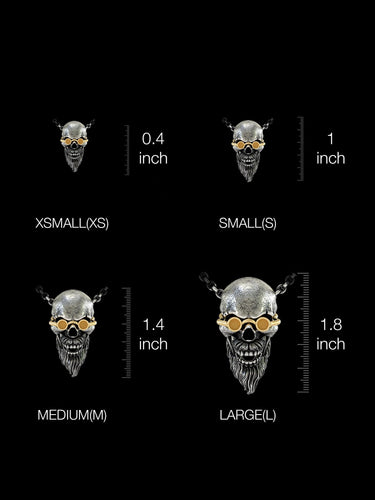 Size comparison chart for the silver skull pendant, showing XSmall, Small, Medium, and Large options with inch measurements.