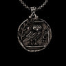 Silver Athena Owl Pendant on a chain, showing the detailed ancient Greek coin design with owl, olive branch, and ΑΘΕ letters.