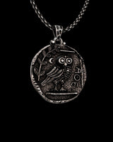 Handcrafted 925 sterling silver Athena Owl Pendant with an oxidized finish, highlighting the antique texture of the coin replica.