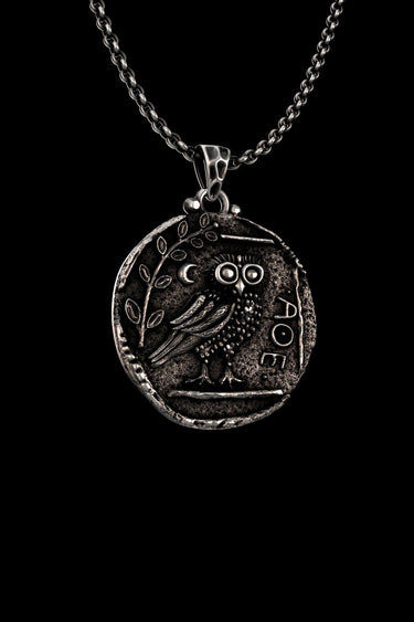 Handcrafted 925 sterling silver Athena Owl Pendant with an oxidized finish, highlighting the antique texture of the coin replica.