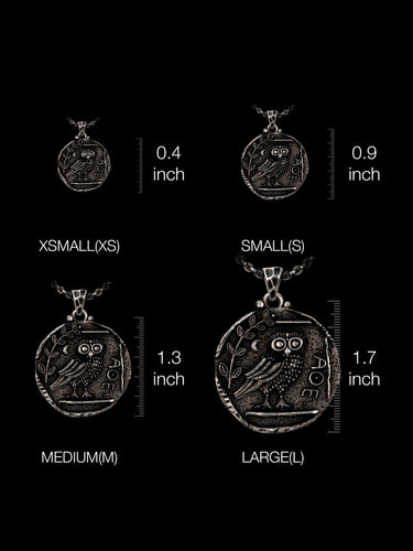 Size comparison chart for the Silver Athena Owl Pendant, displaying XS, S, M, and L options against a black background.