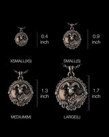 Size chart for the Silver Ram Pendant, showing XSMALL, SMALL, MEDIUM, and LARGE options with dimensions in inches.