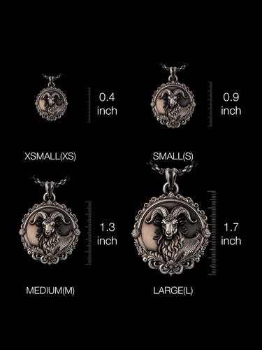 Size chart for the Silver Ram Pendant, showing XSMALL, SMALL, MEDIUM, and LARGE options with dimensions in inches.