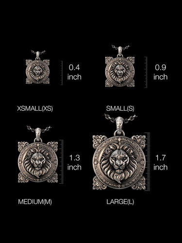 Size comparison chart for the Silver Lion Pendant, showing XS, S, M, and L options with inch measurements for scale.