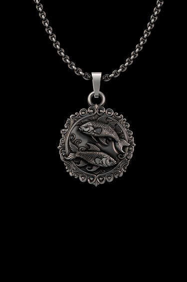 Silver Pisces Pendant with two koi fish in a yin-yang design, featuring an oxidized finish on a 925 sterling silver chain.