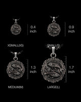 Size comparison chart for the Silver Pisces Pendant, showing XSMALL, SMALL, MEDIUM, and LARGE options from 0.4 to 1.7 inches.