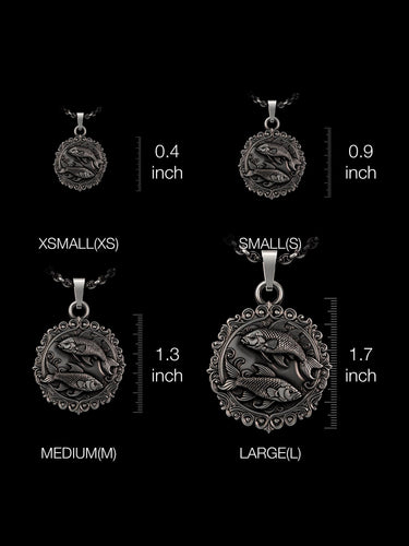 Size comparison chart for the Silver Pisces Pendant, showing XSMALL, SMALL, MEDIUM, and LARGE options from 0.4 to 1.7 inches.