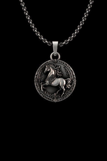 Close-up of a 925 sterling silver horse pendant with a detailed carousel horse and ornate Victorian border on a chain.