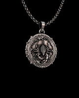 Front view of the handcrafted 925 sterling silver scorpion pendant showcasing the intricate design and textured details.