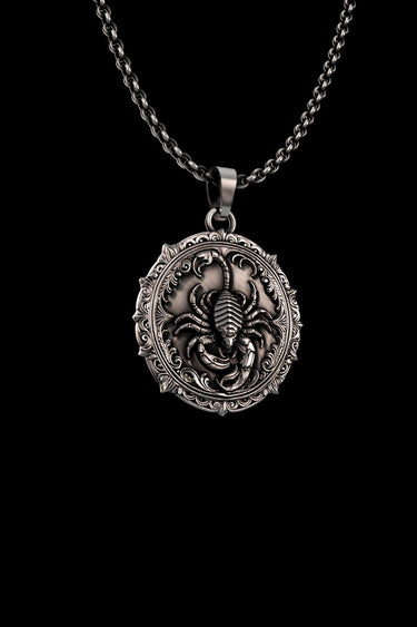 Front view of the handcrafted 925 sterling silver scorpion pendant showcasing the intricate design and textured details.