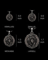 Size comparison chart for the silver scorpion pendant, showing XSMALL, SMALL, MEDIUM, and LARGE options with inch rulers.