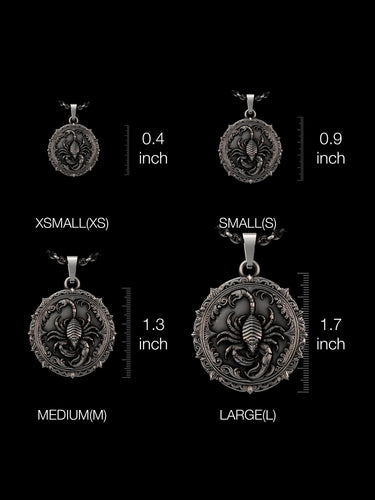 Size comparison chart for the silver scorpion pendant, showing XSMALL, SMALL, MEDIUM, and LARGE options with inch rulers.