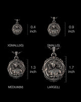 Size comparison of the sterling silver Aquarius necklace shown in XSMALL, SMALL, MEDIUM, and LARGE with inch measurements.