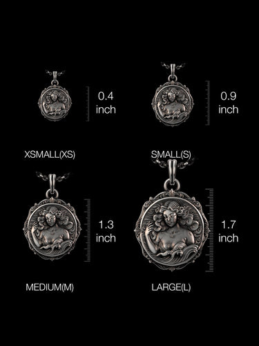 Size comparison of the sterling silver Aquarius necklace shown in XSMALL, SMALL, MEDIUM, and LARGE with inch measurements.