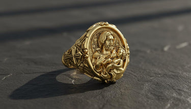 Gold finish St Joseph religious ring displaying fine craftsmanship with baby Jesus relief and ornate metalwork