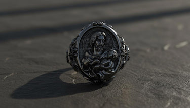 Side angle view of handcrafted Catholic St Joseph ring showing intricate Gothic border design and oxidized details