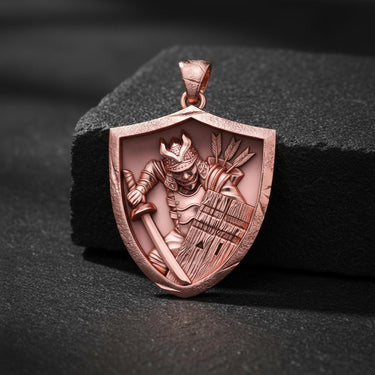 Black oxidized silver samurai pendant displaying intricate Japanese warrior armor and pagoda architectural details