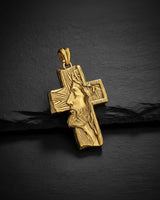 14K gold vermeil over silver Jesus cross pendant featuring detailed Christ profile on black background