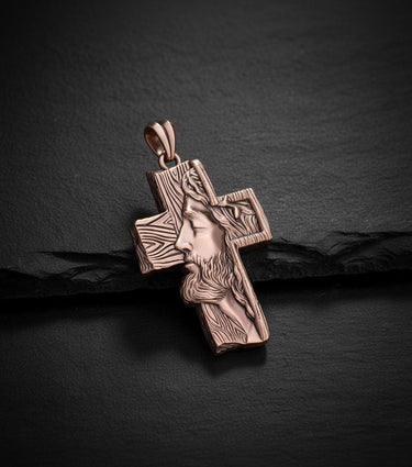 Angled view of gold Jesus profile pendant showing intricate beard and hair craftsmanship