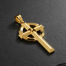 Gold vermeil Celtic cross pendant with geometric knotwork design on dark textured background showing fine detail