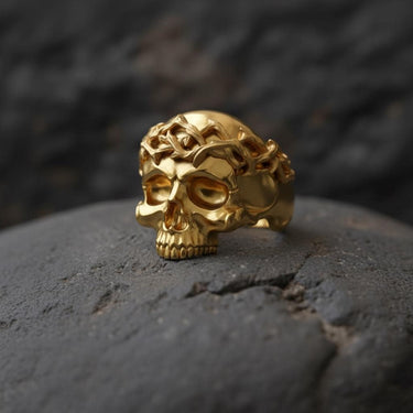 Close-up detail of crown of thorns design with twisted silver thorns surrounding skull on premium 925 sterling silver ring