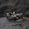 925 sterling silver fox ring with detailed flowing mane design displayed on textured stone surface background