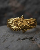 Handcrafted fox head ring in 14K gold vermeil finish showing intricate metalwork and dimensional mane details