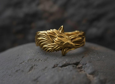 Handcrafted fox head ring in 14K gold vermeil finish showing intricate metalwork and dimensional mane details