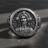 925 sterling silver Jesus signet ring with detailed Christ portrait and sacred halo in black rhodium gothic finish