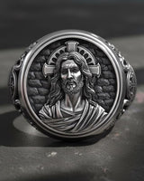 925 sterling silver Jesus ring with detailed Christ portrait and gothic cross halo in black rhodium finish