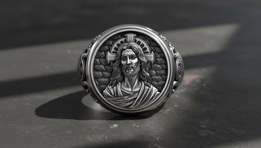 925 sterling silver Jesus ring with detailed Christ portrait and gothic cross halo in black rhodium finish