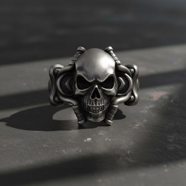 925 sterling silver skull tentacle ring with octopus design displayed on dark surface with oxidized finish