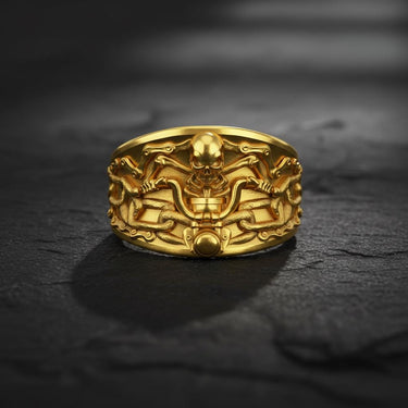14K gold vermeil skull ring showing intricate chain design and gothic metalwork craftsmanship details