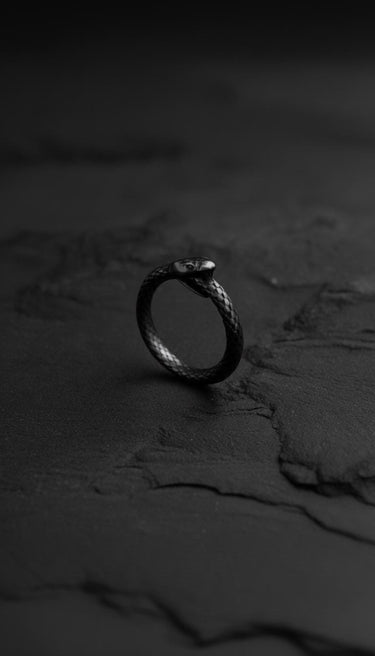 Dark oxidized 925 sterling silver Ouroboros ring featuring detailed snake scales on textured black background