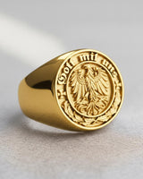 Gold vermeil Gott Mit Uns ring with German Coat of Arms eagle design on light background
