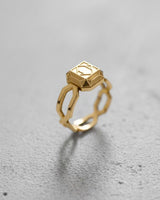 14K gold vermeil dwarven ring with geometric faceted design on grey background for fantasy jewelry lovers