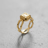 14K gold vermeil dwarven ring with geometric faceted design on grey background for fantasy jewelry lovers